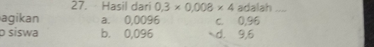 Hasil dari 0,3* 0,008* 4 adalah ....
agikan a. 0,0096 c. 0,96
p siswa b. 0,096 d. 9,6