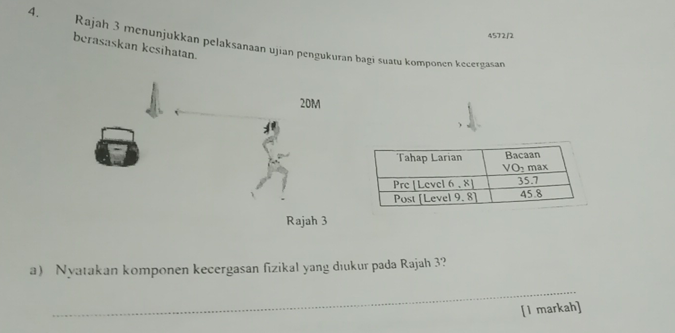 4572/2
Rajah 3 menunjukkan pelaksanaan ujian pengukuran bagi suatu komponen kecergasan
berasaskan kesihatan.
20M
Rajah 3
a Nyatakan komponen kecergasan fizikal yang dıukur pada Rajah 3?
_
[I markah]