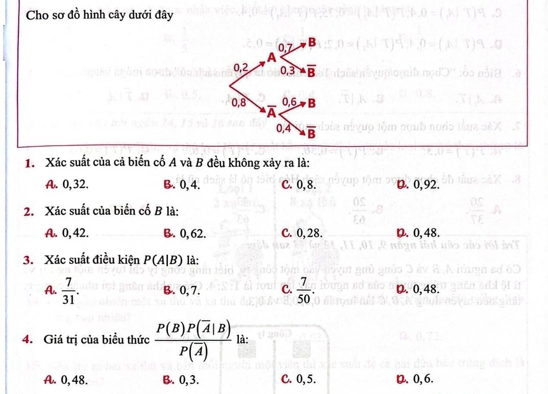 Cho sơ đồ hình cây dưới đây
1. Xác suất của cả biến cố A và B đều không xảy ra là:
A. 0,32. B. 0, 4. C. 0,8. D. 0,92.
2. Xác suất của biến cố B là:
A. 0, 42. B. 0,62. C. 0, 28. D.0,48.
3. Xác suất điều kiện P(A|B) là:
A.  7/31 . B. 0, 7. C.  7/50 . D. 0,48.
4. Giá trị của biểu thức frac P(B)P(overline A|B)P(overline A) là:
A. 0, 48. B. 0,3. C. 0, 5. D. 0, 6.