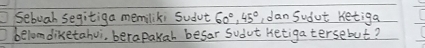 sebuah segitiga memiliki Sudut 60°, 45° , dan sudut Ketiga 
belomdiketahui, berapakah besar Sudut Hetiga tersebut?