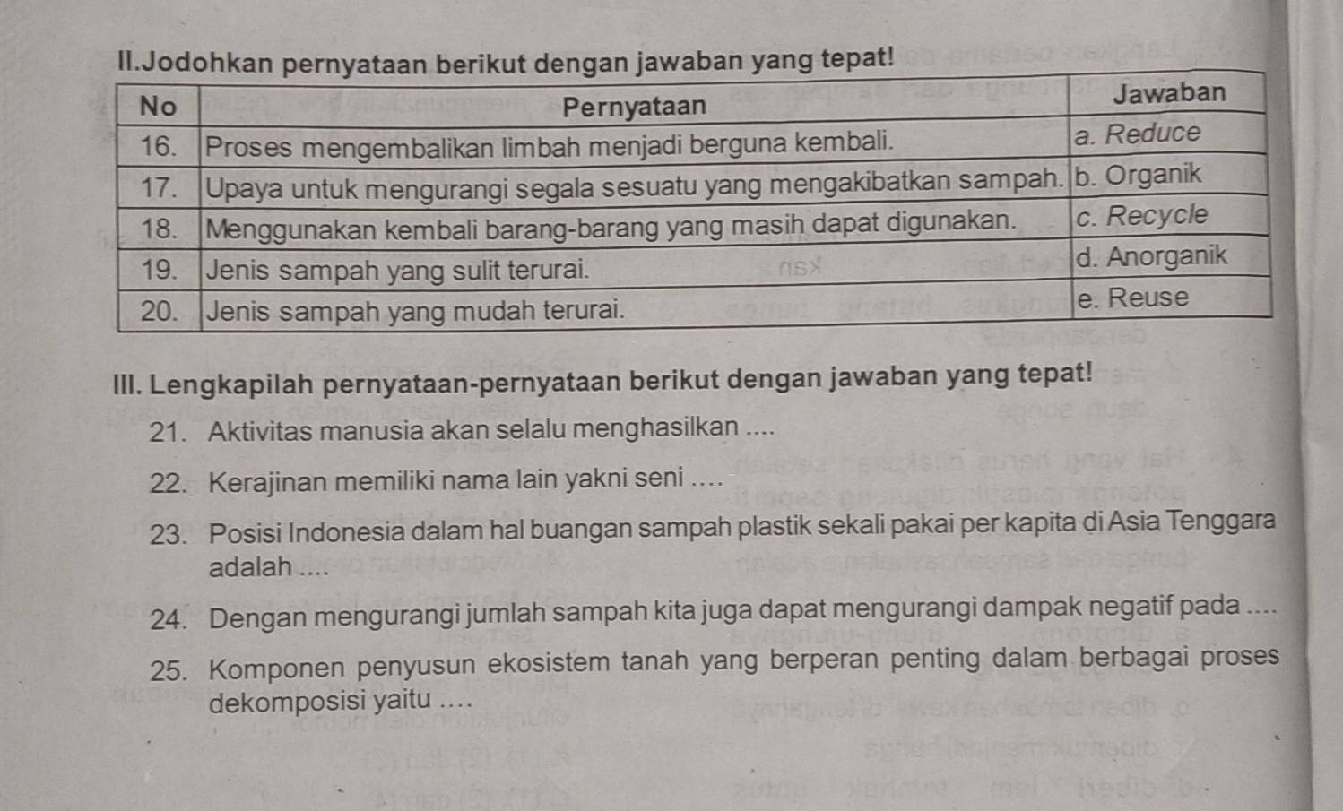 pat! 
III. Lengkapilah pernyataan-pernyataan berikut dengan jawaban yang tepat! 
21. Aktivitas manusia akan selalu menghasilkan .... 
22. Kerajinan memiliki nama lain yakni seni …. 
23. Posisi Indonesia dalam hal buangan sampah plastik sekali pakai per kapita di Asia Tenggara 
adalah .... 
24. Dengan mengurangi jumlah sampah kita juga dapat mengurangi dampak negatif pada .... 
25. Komponen penyusun ekosistem tanah yang berperan penting dalam berbagai proses 
dekomposisi yaitu ....