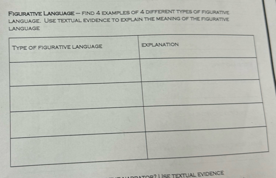 Figurative Language - find 4 examples of 4 different types of figurative 
language. Use textual evidence to explain the meaning of the figurative 
tor? U se textual evidence