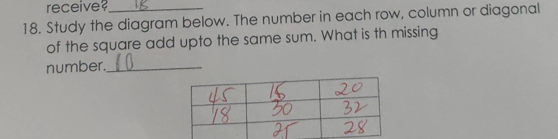 receive? 
18. Study the diagram below. The number in each row, column or diagonal 
of the square add upto the same sum. What is th missing 
number._