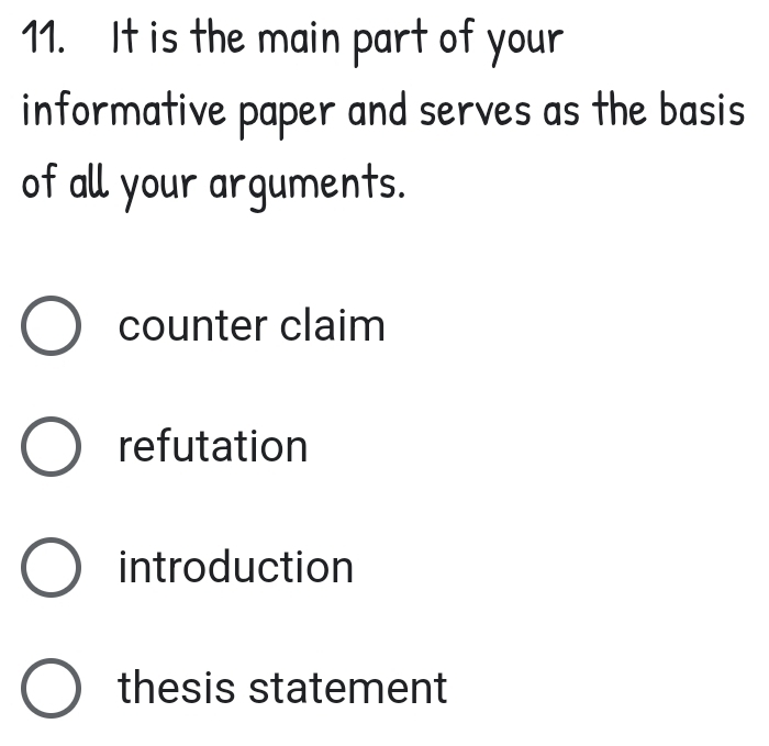 It is the main part of your
informative paper and serves as the basis
of all your arguments.
counter claim
refutation
introduction
thesis statement