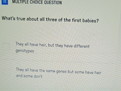 MÜLTIPLE CHOICE QUESTION
What's true about all three of the first babies?
They all have hair, but they have different
genotypes
They all have the same genes but some have hair
and some don't