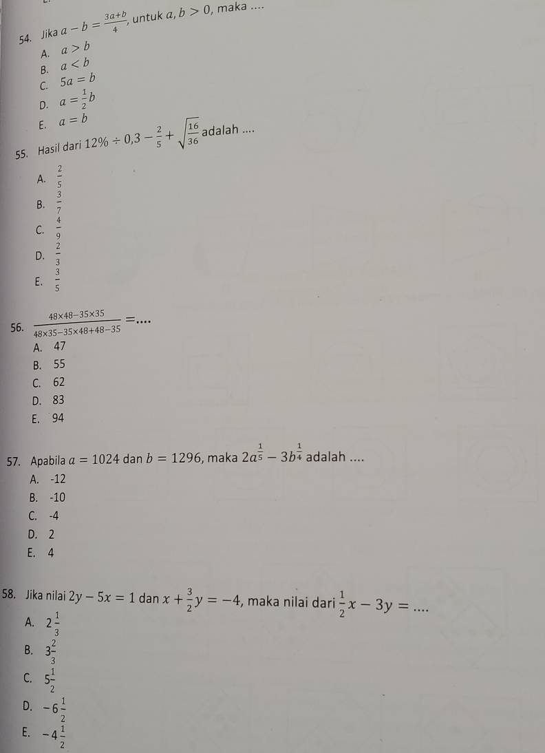 Jika a-b= (3a+b)/4 , , untuk a, ,b>0 , maka ....
A. a>b
B. a
C. 5a=b
D. a= 1/2 b
E. a=b
55. Hasil dari 12% / 0,3- 2/5 +sqrt(frac 16)36 adalah ....
A.  2/5 
B.  3/7 
C.  4/9 
D.  2/3 
E.  3/5 
56.  (48* 48-35* 35)/48* 35-35* 48+48-35 =. _ ..
A. 47
B. 55
C. 62
D. 83
E. 94
57. Apabila a=1024 dan b=1296 , maka 2a^(frac 1)5-3b^(frac 1)4 adalah ....
A. -12
B. -10
C. -4
D. 2
E. 4
58. Jika nilai 2y-5x=1 dan x+ 3/2 y=-4 , maka nilai dari  1/2 x-3y=... _
A. 2 1/3 
B. 3 2/3 
C. 5 1/2 
D. -6 1/2 
E. -4 1/2 