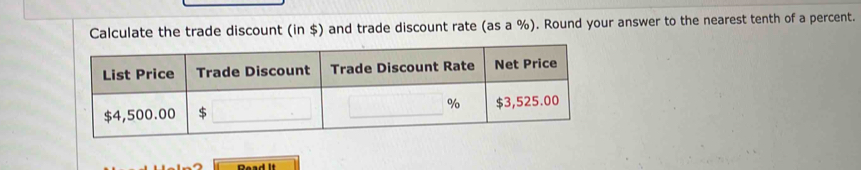 Calculate the trade discount (in $) and trade discount rate (as a %). Round your answer to the nearest tenth of a percent. 
Read I t