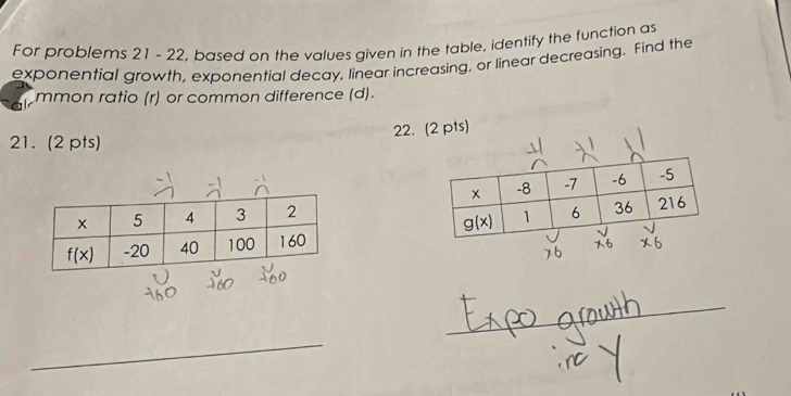 For problems 21 - 22, based on the values given in the table, identify the function as
exponential growth, exponential decay, linear increasing, or linear decreasing. Find the
mmon ratio (r) or common difference (d).
21.(2 pts) 22. (2 pts)
_
_
_