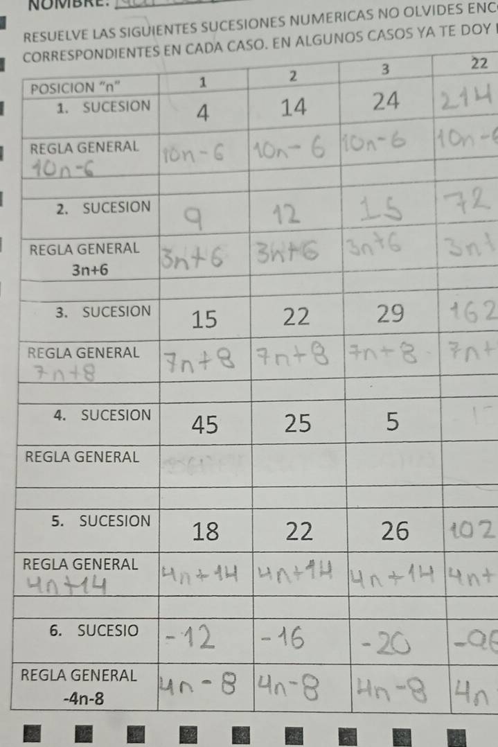 NOMBRE.
RESUELVE LAS SIGUIENTES SUCESIONES NUMERICAS NO OLVIDES ENC
COOS CASOS YA TE DOY 
P
22
R
R
R
R
RE
RE