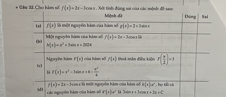 » Câu 32. Cho hàm số f(x)=2x-3cos x. Xét tính đúng sai của các mệnh đề sau:
các nguyên hàm c k'(x).e^x