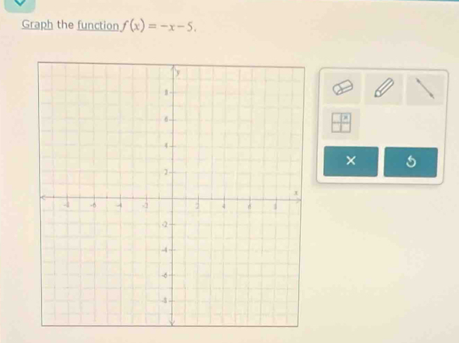 Graph the function f(x)=-x-5.
frac x
×