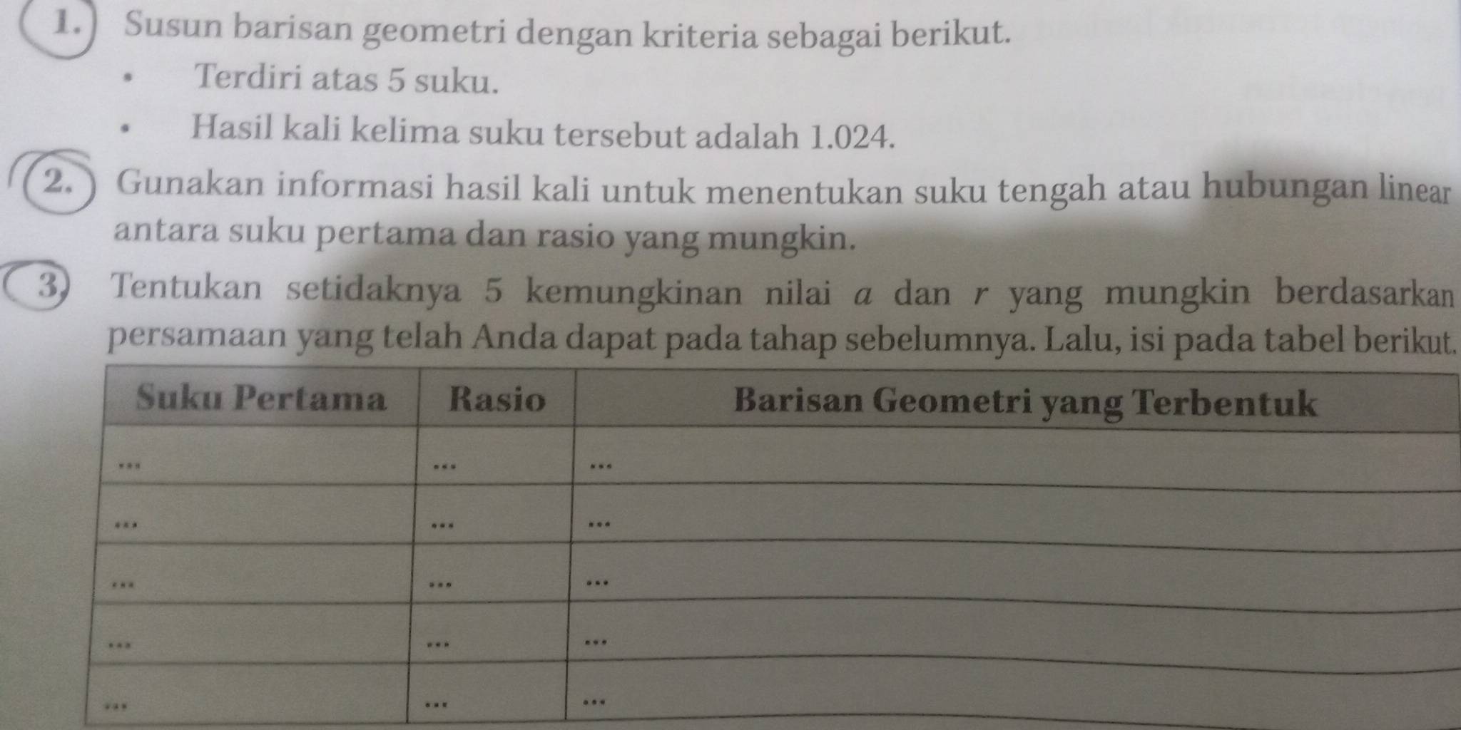 1.) Susun barisan geometri dengan kriteria sebagai berikut. 
Terdiri atas 5 suku. 
Hasil kali kelima suku tersebut adalah 1.024. 
2. ) Gunakan informasi hasil kali untuk menentukan suku tengah atau hubungan linear 
antara suku pertama dan rasio yang mungkin. 
3) Tentukan setidaknya 5 kemungkinan nilai a dan r yang mungkin berdasarkan 
persamaan yang telah Anda dapat pada tahap sebelumnya. Lalu, isi pada tabel berikut.