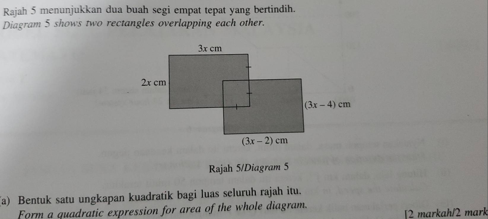 Rajah 5 menunjukkan dua buah segi empat tepat yang bertindih.
Diagram 5 shows two rectangles overlapping each other.
Rajah 5/Diagram 5
(a) Bentuk satu ungkapan kuadratik bagi luas seluruh rajah itu.
Form a quadratic expression for area of the whole diagram.
[2 markah/2 mark