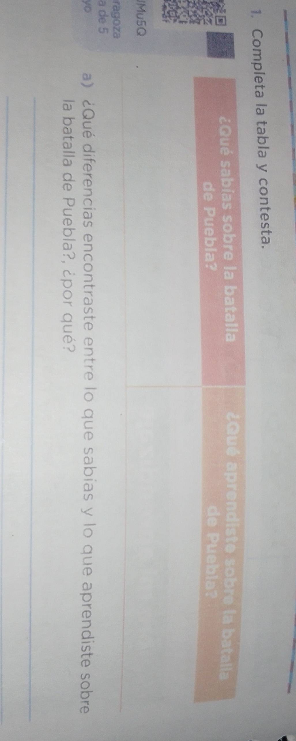 Completa la tabla y contesta. 
JMu5 
rago 
a de 5
yo a) ¿Qué diferencias encontraste entre lo que sabías y lo que aprendiste sobre 
la batalla de Puebla?, ¿por qué? 
_ 
_