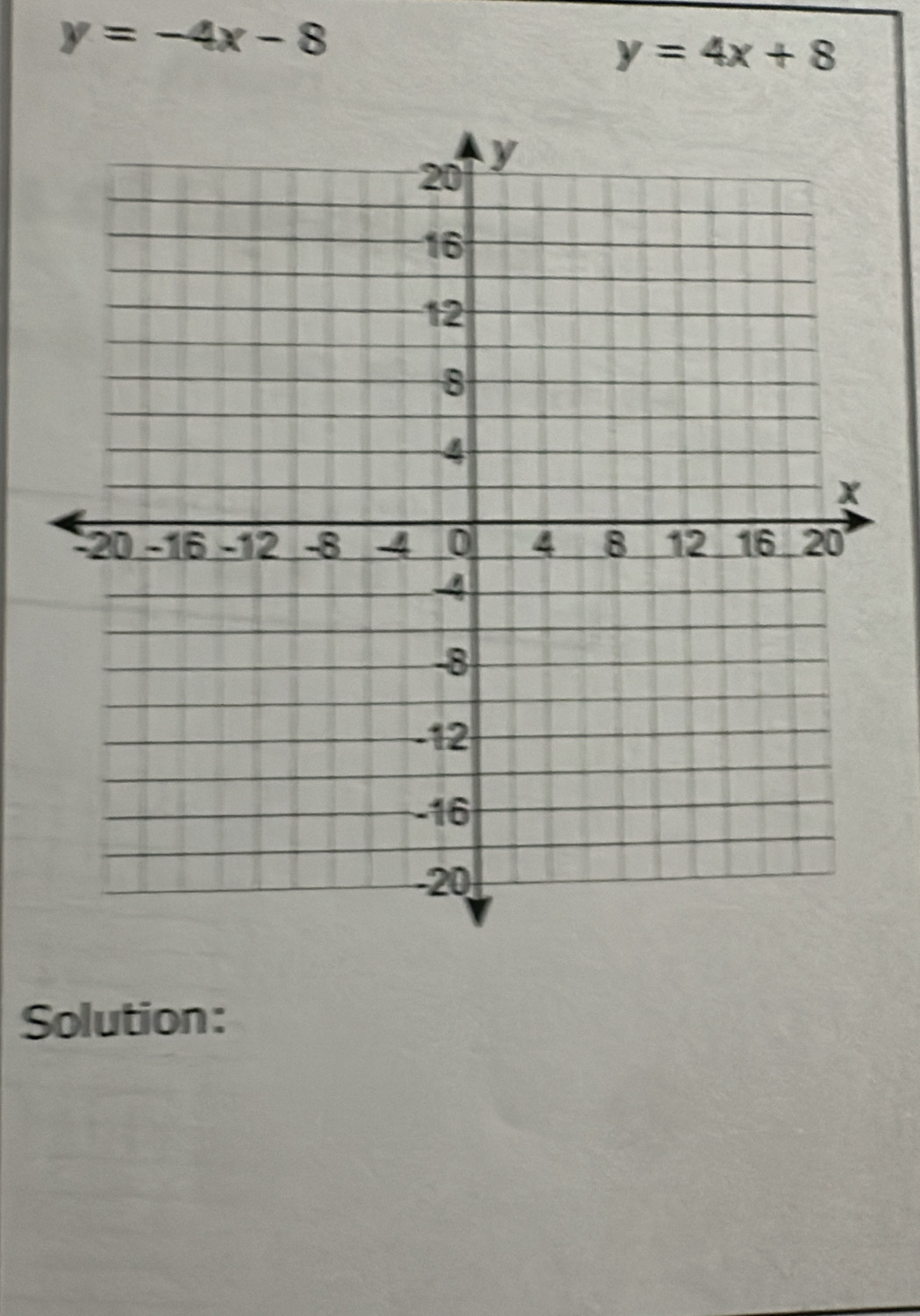 y=-4x-8
y=4x+8
Solution: