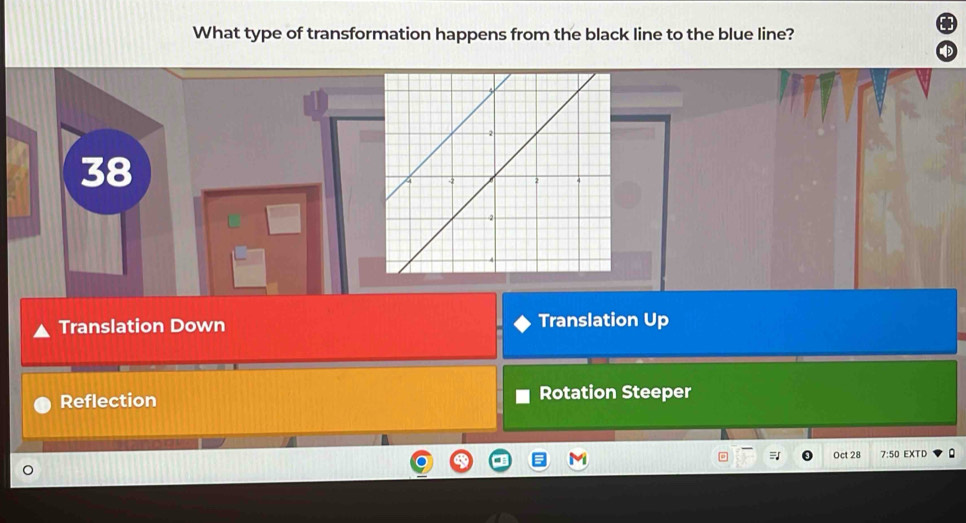 What type of transformation happens from the black line to the blue line?
38
Translation Down Translation Up
Reflection Rotation Steeper
Oct 28 7:50 EXTD