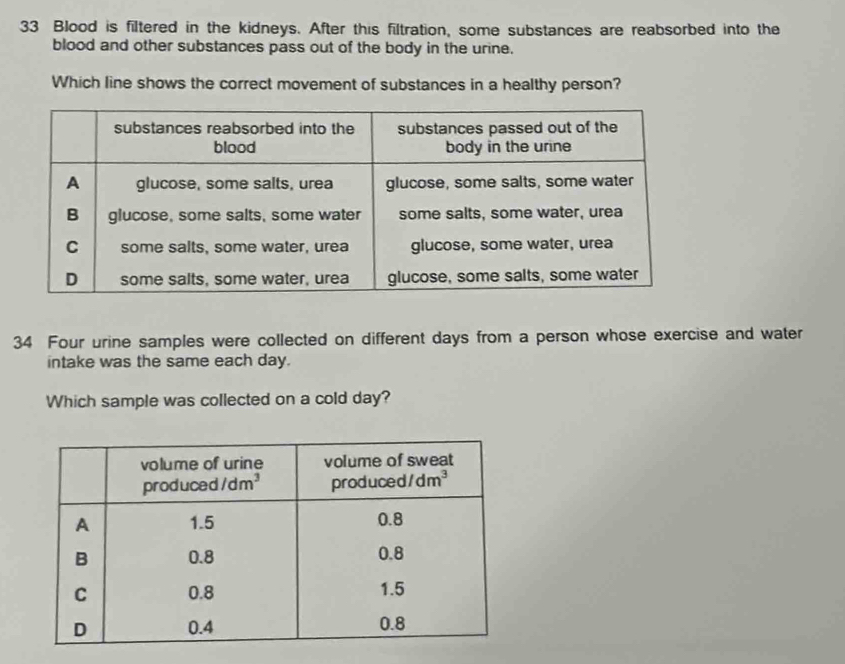 Blood is filtered in the kidneys. After this filtration, some substances are reabsorbed into the
blood and other substances pass out of the body in the urine.
Which line shows the correct movement of substances in a healthy person?
34 Four urine samples were collected on different days from a person whose exercise and water
intake was the same each day.
Which sample was collected on a cold day?