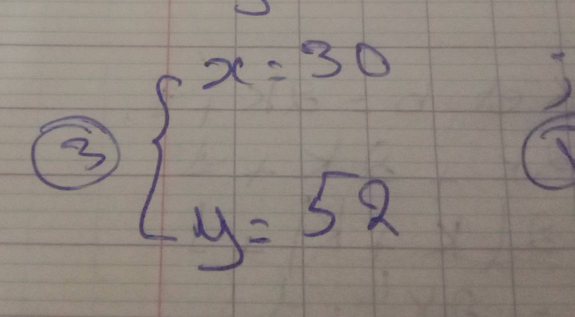 3 beginarrayl x=30 y=52endarray.