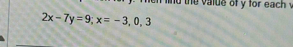 lind the value of y for each v
2x-7y=9; x=-3, 0, 3