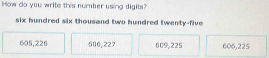 How do you write this number using digits?
six hundred six thousand two hundred twenty-five
605, 226 606, 227 609, 225 606, 225