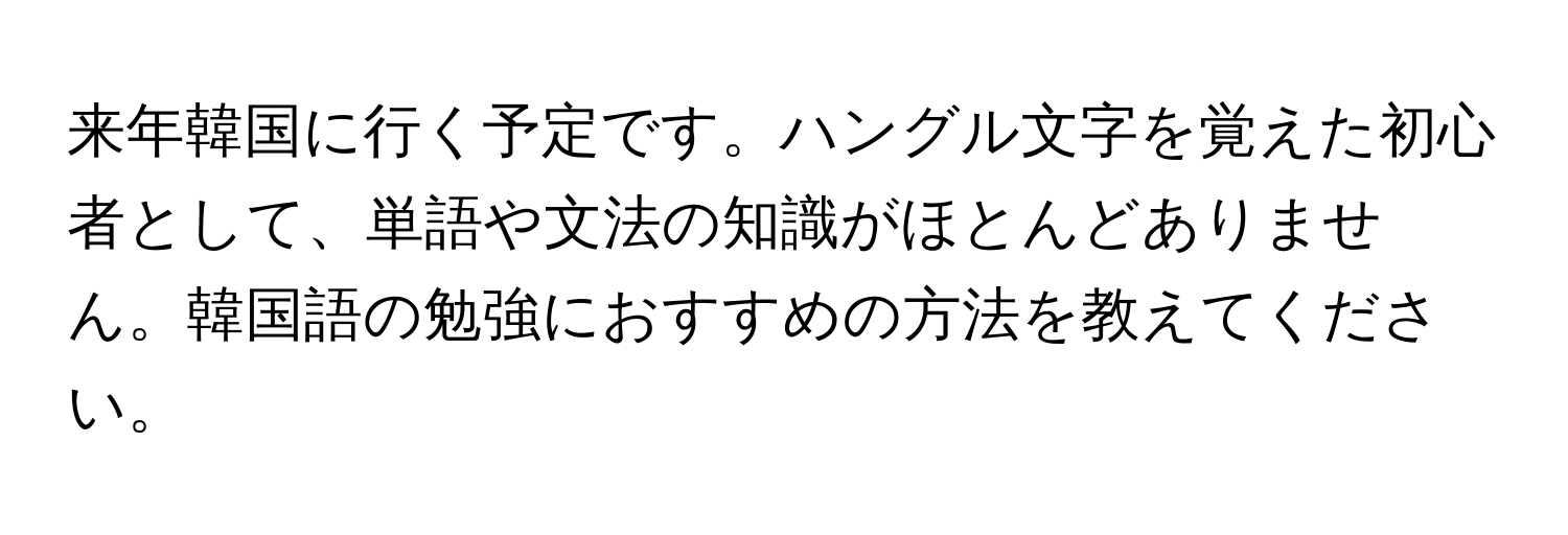 来年韓国に行く予定です。ハングル文字を覚えた初心者として、単語や文法の知識がほとんどありません。韓国語の勉強におすすめの方法を教えてください。