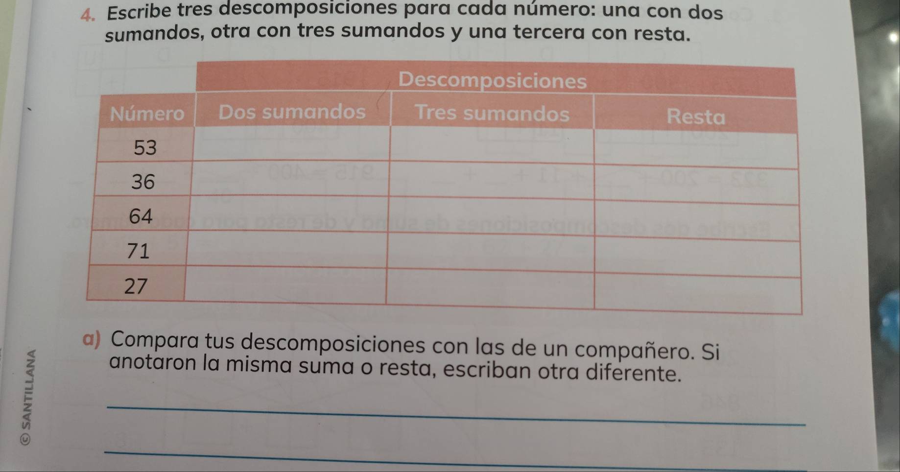 Escribe tres descomposiciones para cada número: una con dos 
sumandos, otra con tres sumandos y una tercera con resta. 
a) Compara tus descomposiciones con las de un compañero. Si 
anotaron la misma suma o resta, escriban otra diferente. 
_ 
_