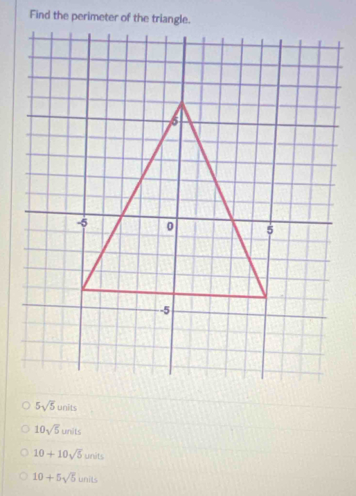 5sqrt(5)units
10sqrt(5)units
10+10sqrt(5) units
10+5sqrt(5)units