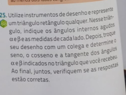 Utilize instrumentos de desenho e represente 
um triângulo retângulo qualquer. Nesse triân- 
gulo, indique os ângulos internos agudos
α e β e as medidas de cada lado. Depois, troque 
seu desenho com um colega e determine o 
seno, o cosseno e a tangente dos ângulos
α e β indicados no triângulo que você recebes 
Ao final, juntos, verifiquem se as respostas 
estão corretas.