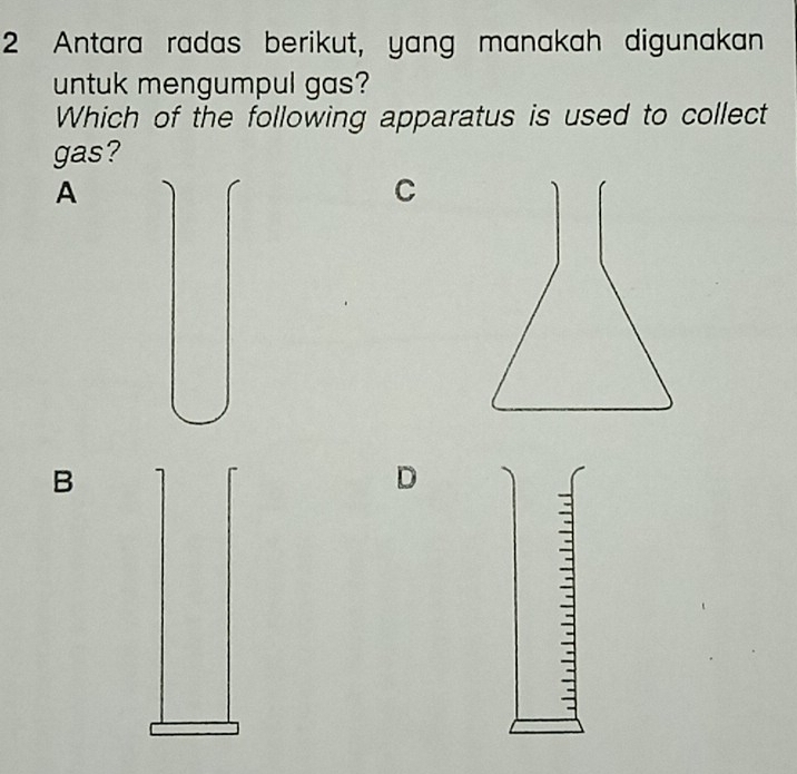 Antara radas berikut, yang manakah digunakan
untuk mengumpul gas?
Which of the following apparatus is used to collect
gas?
A
C
B
D