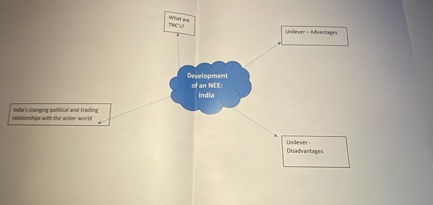 What are
TNC's?
Unilever - Advantages
Development
of an NEE:
India
India's changing political and trading
relationships with the wider world
Unilever -
Disadvantages