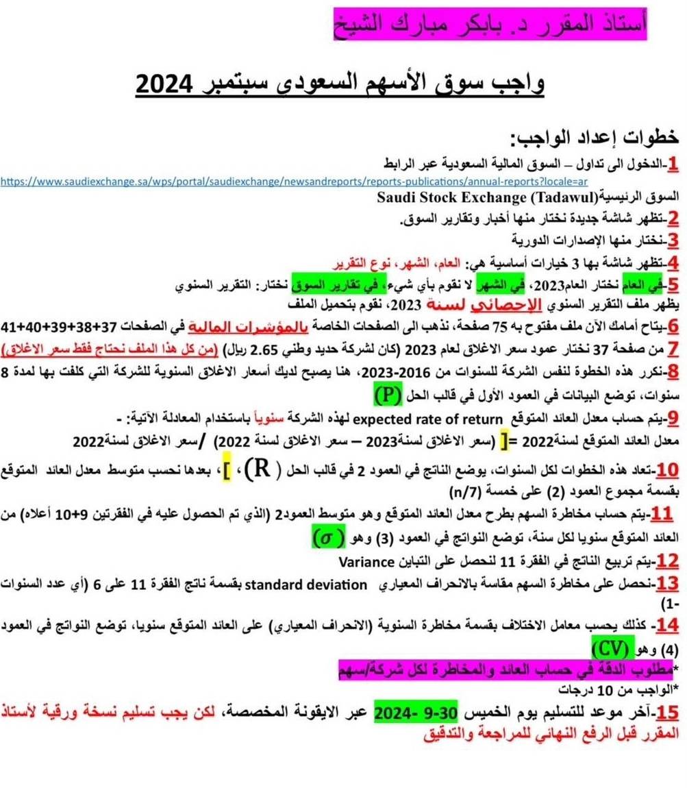 Såll S ha Sh  J  jeal élin
2024  ggul uil jg 
:4  g ! C ghi
Ll dl  ye ä grudl ádl jgull -Jglts l Jginll-1
https://www.saudiexchange.sa/wps/portal/saudiexchange/newsandreports/reports-publications/annual-reports?locale=ar
Saudi Stock Exchange (Tadawul)ä ui ' 3  
gul| lãg shải li glải ó uđglà ghi2
T  Gba i l 3
Jñil Esi âl pll ce áputaí Clbi 3 lg adtà ghi 4
ssiul dãl :  i gll  tã gả ả gự pãi y àl cả 2023pb| lisi ph|gả5
C élall Jariy pgãi (2023 and sha> VI ( givll g ill câle nhy
41+40+39+38+37 Chéall gé an lol Cl méo b ágbi| Chéall di coảiráé o 75 4 cgên Lén jy| chli zu-6
(cdlé yI yaubão ga cétall lie ds ca) (Jhy 2.65 giby tua às pàl ols) 2023 pll gêyI yau Jae gải 37 ánio dn Z
8 Stal bey mels gill às päll ég giall géy) gleal dha ry Lie (2023-2016 dn Cl gicll as päll méil é ghill dủe Jsi-e 
(P) dall qulã gả Joỳl sgazil gã Cltnil gági n ol giaa
*  rägel ébtzall altiol beiu às pill sigl expected rate of return, gégiel tail due qlus pi9
2022äio géy au/ (2022 äinl géy  au -  2023äiol gdéy aw) ]=2022 áical gégiall siell Juzs
gégiall sitell uen Jugia quail ty «[ «(R) dell té gé 2 sgaall gé glill gég) (C giall del Gl ghill dis Jai 10
(n/7) äui de (2) Jgazll Egaza äquãs
ia (oci 10+9 Criill géqde Jguaal| pi Gill) 2sgazl| bugão gag gégüal| sitzl| Jra Cubypgull ósblia Glus piy11
(σ ) gg (3) Igall gé gúlgill gági cáiw JSI L giw gégiall silall
Variance cabill dde dos il 11 éiil gé géuill qroi pu 12
Cl giell degl) 6 de 11 é élgéli ésvé standard deviation gobeail cél e yh äulés péull é blia dle dasia 13
(1-
Jgaell Lé Filgill gégi (lgim gégiall Jibell de (Gbrall Lélpiyl) é giul| é blia damén Lédiy) Jalea Guny lis -14
(CV)9 (4)
Clº 10 da Hạl g*
Stuly äs a äsu pilus qes est rároras ell d gé yl ue 2024- 9-30 cil eo pläll de g sl-15
ěi]lgā| yl ilgi]l gā | chā wā]|