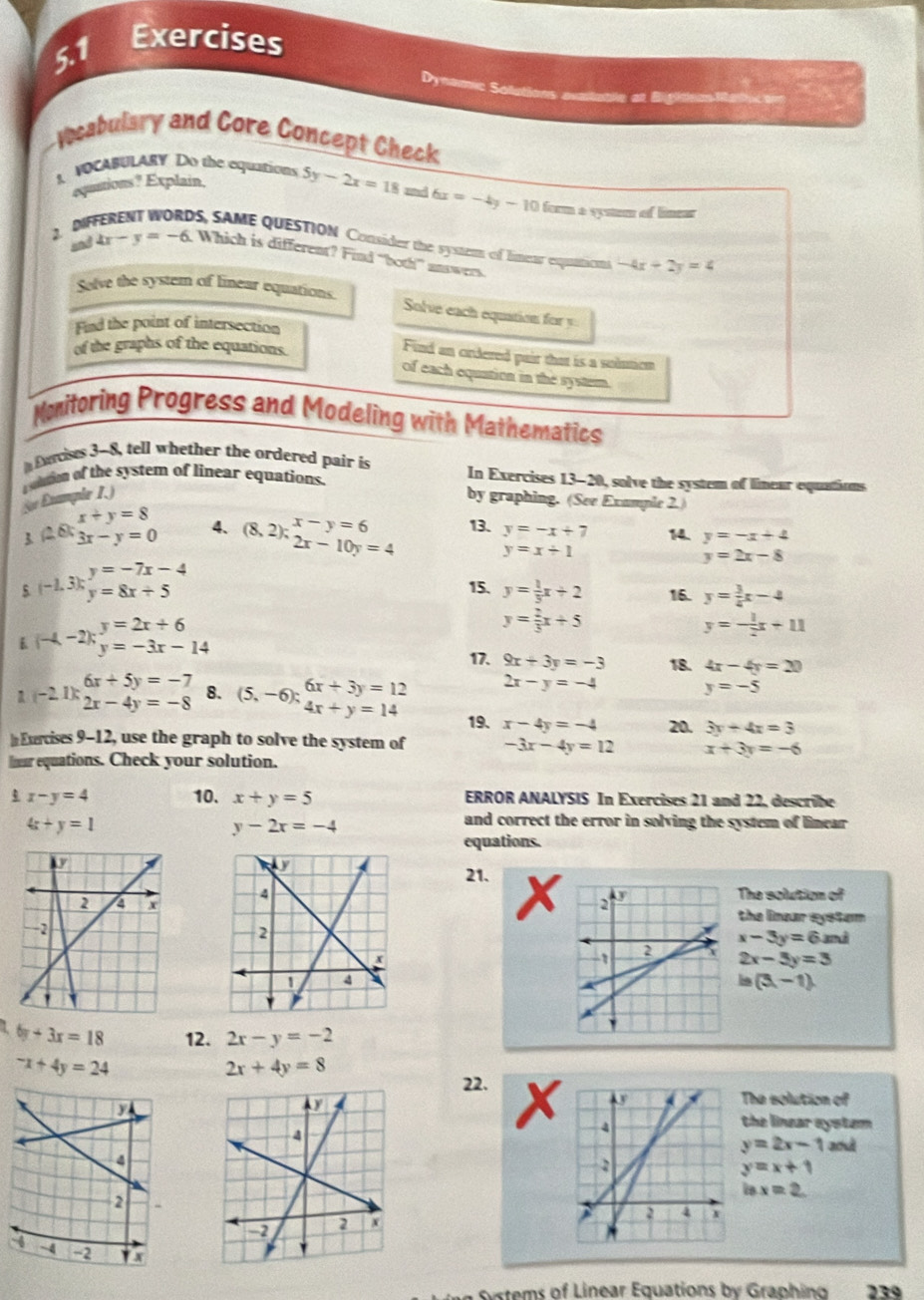 5.1  Exercises
Dynamic Solutions avaltable at Bighteustiathco
lcabulary and Core Concept Check
equintions? Explain,
1 VOCABULARY Do the equations 5y-2x=18 and 6x=-4y-10 form a vystem of linear
2. DMF os, SAME QUESTION Consider the system of lineur esquaticend -4x+2y=4
and 4x-y=-6 t Which is different? Find “both” answers.
Selve the system of linear equations.
Solve each equation for y
Find the point of intersection
of the graphs of the equations.
Find an ordered pair that is a sointiom
of each equation in the system.
Nonitoring Progress and Modeling with Mathematics
Eses 3-8, tell whether the ordered pair is In Exercises 13-20, solve the system of linear equations
olution of the system of linear equations. by graphing. (See Example 2.)
Ve Example 1.)
4、
3. (2xbeginarrayr x+y=8 (8,2);beginarrayr x-y=6 2x-10y=4endarray 13. y=-x+7 14 y=-x+4
y=x+1
5 (-1.3)beginarrayr y-4 endarray beginarrayr = y=8x+5endarray beginarrayr beginarrayr =8xendarray beginarrayr -4 endarray
y=2x-8
15. y= 1/3 x+2 16. y= 3/4 x-4
(-4-2)beginarrayr y=2x+6 y=-3x-14endarray
y= 2/3 x+5
y=- 1/2 x+11
17. 9x+3y=-3 18. 4x-4y=20
2x-y=-4
y=-5
1 (-2.1)beginarrayr 6x+5y=-7 2x-4y=-8endarray 8. (5,-6);beginarrayr 6x+3y=12 4x+y=14endarray 19. x-4y=-4 20. 3y+4x=3
In Exercises 9-12, use the graph to solve the system of -3x-4y=12 x+3y=-6
lnear equations. Check your solution.
x-y=4 10. x+y=5 ERROR ANALYSIS In Exercises 21 and 22, describe
4x+y=1
y-2x=-4
and correct the error in solving the system of linear 
equations.
21.
The solution of
x
the linear eystem
x-3y=6md
2x-5y=3
is(3,-1)
1 6y+3x=18 12. 2x-y=-2
-x+4y=24
2x+4y=8
22.
The solution of
xthe linear eystem
y=2x-1 aou
y=x+1
isx=2
S tems of Linear Equations by Graph ing 239