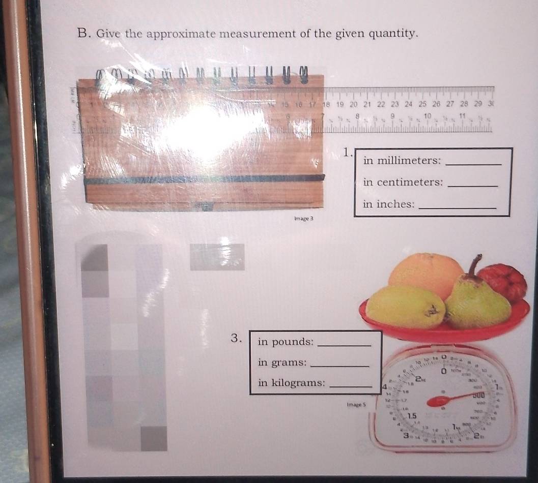 Give the approximate measurement of the given quantity. 
3. in pounds :_ 
in grams :_ 
in kilograms :_ 
Image 5 
1.5