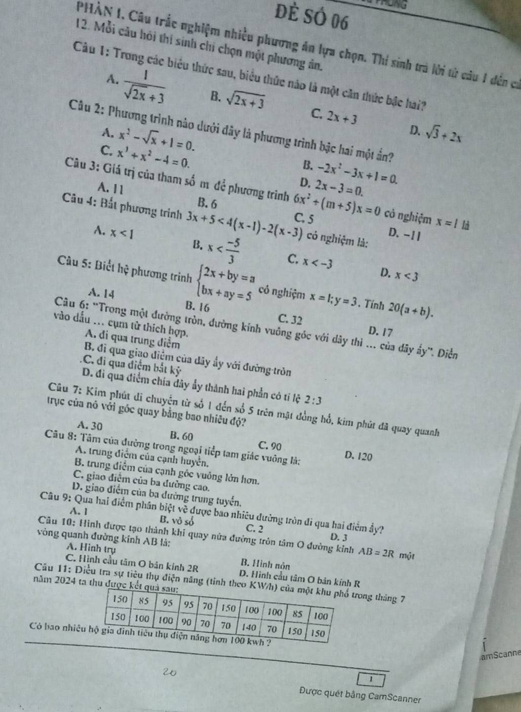 Đè SÓ 06
12. Mỗi câu hỏi thi sinh chi chọn một phương ản.
PHÀN I. Câu trắc nghiệm nhiều phương án lựa chọn. Thi sinh trả lời từ câu 1 dến có
Câu 1: Trong các biểu thức sau, biểu thức nào là một căn thức bậc hai?
A.
 1/sqrt(2x)+3  B. sqrt(2x+3) C. 2x+3 D.
A. x^2-sqrt(x)+1=0. sqrt(3)+2x
Câu 2: Phương trình nào dưới đây là phương trình bậc hai một ẩn?
C. x^1+x^2-4=0.
B. -2x^2-3x+1=0.
A. 11
D. 2x-3=0.
Câu 3: Giá trị của tham số m để phương trình 6x^2+(m+5)x=0 cô nghiệm x=l
B. 6
*  Cu 4: Bất phương trình 3x+5<4(x-1)-2(x-3) C. 5 có nghiệm là:
A. x<1</tex> D. -11
B.
x C. x D. x<3</tex>
* Câu 5: Biết hệ phương trình beginarrayl 2x+by=a bx+ay=5endarray. có nghiệm x=l;y=3 、 Tính 20(a+b).
A. 14 B. 16
vào dầu ... cụm từ thích hợp.
C. 32 D. 17
Câu 6: “Trong một đường tròn, đường kính vuông góc với dây thì ... của dây ấy''. Điền
A. đi qua trung điểm
B. đi qua giao điểm của dãy ấy với đường tròn
C. đi qua điểm bắt kỷ
D. đi qua điểm chía đây ấy thành hai phần có tỉ lệ 2:3
Câu 7: Kim phút di chuyện từ số 1 đến số 5 trên mật đồng hổ, kim phút đã quay quanh
trục của nó với góc quay bằng bao nhiêu độ?
A. 30 B. 60
C. 90
Câu 8: Tâm của đường trong ngoại tiếp tam giác vuông là: D. 120
A. trung điểm của cạnh huyển.
B. trung điểm của cạnh góc vuông lớn hơn.
C. giao điểm của ba đường cao.
D. giao điểm của ba dường trung tuyển.
Câu 9: Qua hai điểm phân biệt về được bao nhiêu đường tròn đi qua hai điểm ầy?
A. 1 B. vô số C. 2
Câu 10: Hình được tạo thành khi quay nửa đường tròn tâm O đường kỉnh AB=2R một
vòng quanh đường kính AB là:
D. 3
A. Hình trụ B. Hình nón
C. Hình cầu tâm O bản kính 2R D. Hình cầu tâm O bản kính R
năm 2024 ta thu đượ  Câu 11: Điều tra sự tiêu thụ điện năng (tỉnh theorong tháng 7
Có bao nhiều
amScanne
1
Được quét bằng CamScanner