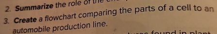 Summarize the role of the 
3. Create a flowchart comparing the parts of a cell to an 
automobile production line.