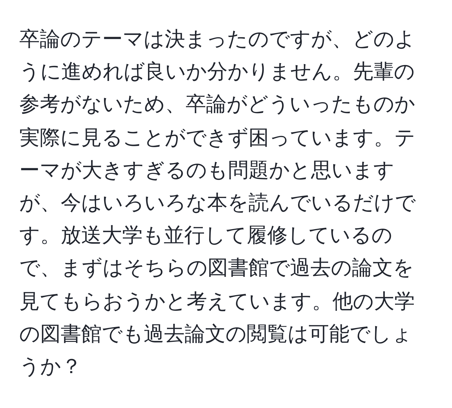 卒論のテーマは決まったのですが、どのように進めれば良いか分かりません。先輩の参考がないため、卒論がどういったものか実際に見ることができず困っています。テーマが大きすぎるのも問題かと思いますが、今はいろいろな本を読んでいるだけです。放送大学も並行して履修しているので、まずはそちらの図書館で過去の論文を見てもらおうかと考えています。他の大学の図書館でも過去論文の閲覧は可能でしょうか？