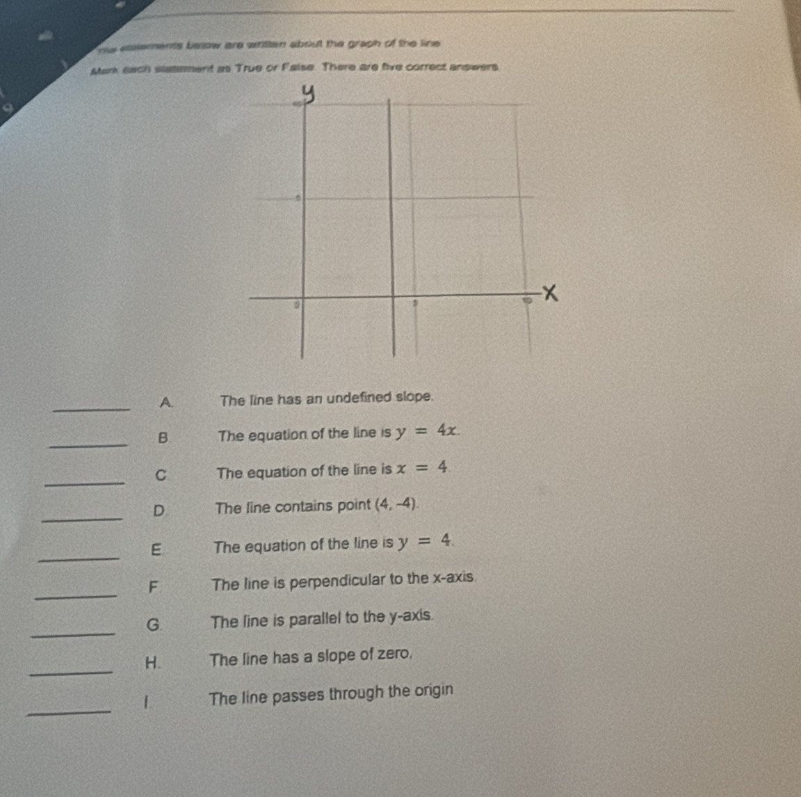 re esements below are written about the graph of the line 
Mark each statement as True or Faise. There are five correct answers
Q
_A The line has an undefined slope.
_B The equation of the line is y=4x. 
_C The equation of the line is x=4
_D The line contains point (4,-4).
_E The equation of the line is y=4. 
_
F The line is perpendicular to the x-axis.
_G. The line is parallel to the y-axis.
_H. The line has a slope of zero.
_
The line passes through the origin