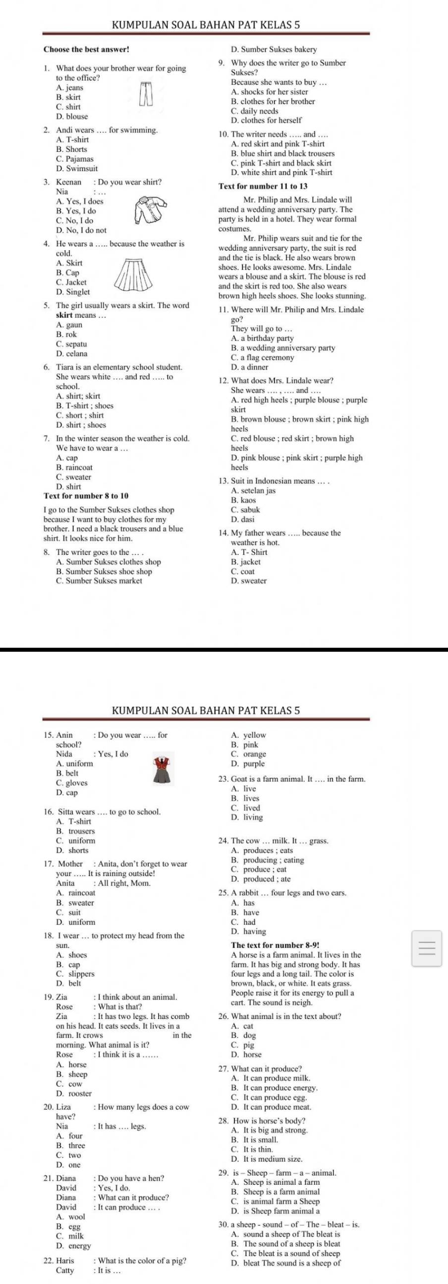 KUMPULAN SOAL BAHAN PAT KELAS 5
f t the one your brother wear for going  Suk does the writer go to Sumber
Because she wants to buy …
A. jeans
B. skirt A. shocks for her sister
C. shirt C. daily needs
D. clothes for herself
2   An shears -. for swimming. 10. The writer needs … and …
B. Shorts A. red skirt and pink T-shirt
C. Pajamas B. blue shirt and black trousers
D. Swimsuit B, winh hứ Ing phí Fchín
3.  Keenan  Do you wear shirt? Text for number 11 to 13
A. Yes, I does Mr. Philip and Mrs. Lindale will
B. Yes, I do aen s need ding norey They eap zten
C. No, I do
costumes.
Mr. Philip wears suit and tie for the
wedding anniversary party, the suit is red
A. Skirt and the tie is black. He also wears brown
B. Cap shoes. He looks awesome. Mrs. Lindale
D.Singlet
and the skirt is red too. She also wears
brown high heels shoes. She looks stunning.
5. The girl usually wears a skirt. The word 11. Where will Mr. Philip and Mrs. Lindale
skirt means . . .
A. gaun
B. rok
A. a birthday party
B. a wedding anniversary party
C. a flag ceremony
12. What does Mrs. Lindale wear?
school.
She wars .. r  mie blouse purple
Arahin, shoes
skirt
B. brown blouse ; brown skirt ; pink high
7. In the winter season the weather is cold C. red blouse ; red skirt ; brown high
We have to wear a …
A. cap D. pink blouse ; pink skirt ; purple high
B swesner 13. Suit in Indonesian means … .
D. shirt
B. kaos
L eale dhe Sur le pâylerend le tato
brother. I need a black trousers and a blue 14. My father wears … because the
shirt. It looks nice for him.
8. The writer goes to the … .
A. Sumber Sukses clothes shop B. jackei'
B. Sumber Sukses shoe shop
Dsweater
KUMPULAN SOAL BAHAN PAT KELAS 5
B. pille
Bbegiform
S. purple
C. gloves 23. Goat is a farm animal. It … in the farm.
D. cap
16 i ear  to go to school. D. living
E ufor 24. The cow … milk. It … grass.
A. produces ; eats
B. producing ; eating
you   t i mining outside
C. produce ; eat
A. raincoat 25. A rabbit … four legs and two ears.
B. sweater A. has
C. suit B. have
D. uniform
18. I wear … to protect my head from the D. having
The text for number 8-9!
A. shoes A horse is a farm animal. It lives in the
 
four lep and t fond ann beetion hls
brown, black, or white. It eats grass.
People raise it for its energy to pull a
Rose : What is that? cart. The sound is neigh.
: It has two legs. It has comb 26. What animal is in the text about?
farm. It crow lt eats seeds. It lives in a
in the
morning. What animal is it? C. pig
: I think it is a …… D. horse
p
27. What can it produce?
C. cow
B It can produce entergy
20. Liza : How many legs does a cow D. It can produce meat.
have? 28. How is horse’s body?
A. four A. It is big and strong.
B. It is small.
B. three C. It is thin.
C. two D. It is medium size.
David : Yes, I do.
Diana : What can it produce? B: Shasihia e ngin)
David : It can produce … . D. is Sheep farm animal a
A. wool
t
30. a sheep - sound - of - The - bleat - is.
A. sound a sheep of The bleat is
D. energy B. The sound of a sheep is bleat
22. Haris : What is the color of a pig? S. Thea Plint soae and osty on
Catty : It is ..