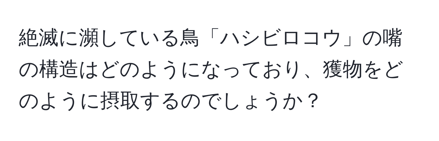 絶滅に瀕している鳥「ハシビロコウ」の嘴の構造はどのようになっており、獲物をどのように摂取するのでしょうか？