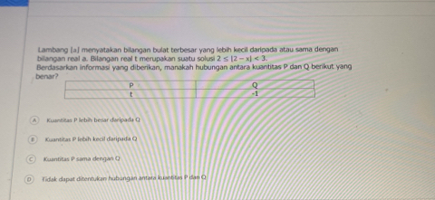 Lambang [a] menyatakan bilangan bulat terbesar yang lebih kecil daripada atau sama dengan
bilangan real a. Bilangan real t merupakan suatu solusi 2≤ |2-x|<3</tex> 
be Berdasarkan informasi yang diberikan, manakah hubungan antara kuantitas P dan Q berikut yang
Kuantitas P lebíh besar daripada ()
B Kuantitas P lebíh kecil d'aripada Q
C Kuantitas P sama dengan Q
D Iidak capat ditentukan hubungan antara kuantitas P dan Q