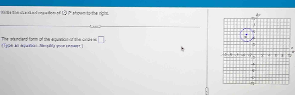 Vidte the standard equation of odot P skown to the right. 
The standard form of the equetion of the circle is □. 
(Type an equation. Simpify your anower) 
z