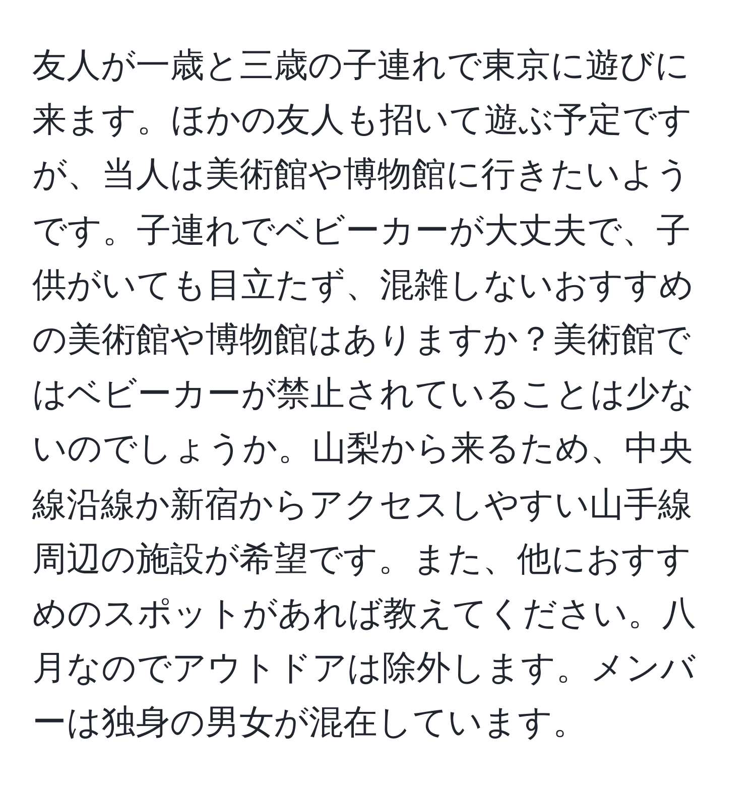 友人が一歳と三歳の子連れで東京に遊びに来ます。ほかの友人も招いて遊ぶ予定ですが、当人は美術館や博物館に行きたいようです。子連れでベビーカーが大丈夫で、子供がいても目立たず、混雑しないおすすめの美術館や博物館はありますか？美術館ではベビーカーが禁止されていることは少ないのでしょうか。山梨から来るため、中央線沿線か新宿からアクセスしやすい山手線周辺の施設が希望です。また、他におすすめのスポットがあれば教えてください。八月なのでアウトドアは除外します。メンバーは独身の男女が混在しています。