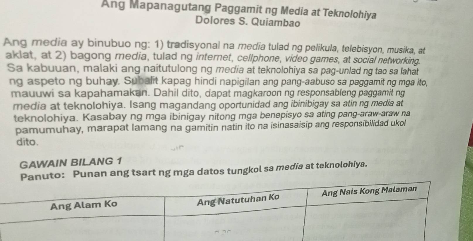 Ang Mapanagutang Paggamit ng Media at Teknolohiya 
Dolores S. Quiambao 
Ang media ay binubuo ng: 1) tradisyonal na media tulad ng pelikula, telebisyon, musika, at 
aklat, at 2) bagong media, tulad ng internet, cellphone, video games, at social networking. 
Sa kabuuan, malaki ang naitutulong ng media at teknolohiya sa pag-unlad ng tao sa lahat 
ng aspeto ng buhay. Subalit kapag hindi napigilan ang pang-aabuso sa paggamit ng mga ito, 
mauuwi sa kapahamakan. Dahil dito, dapat magkaroon ng responsableng paggamit ng 
media at teknolohiya. Isang magandang oportunidad ang ibinibigay sa atin ng media at 
teknolohiya. Kasabay ng mga ibinigay nitong mga benepisyo sa ating pang-araw-araw na 
pamumuhay, marapat lamang na gamitin natin ito na isinasaisip ang responsibilidad ukol 
dito. 
GAWAIN BILANG 1 
Panuto: Punan ang tsart ng mga datos tungkol sa media at teknolohiya.