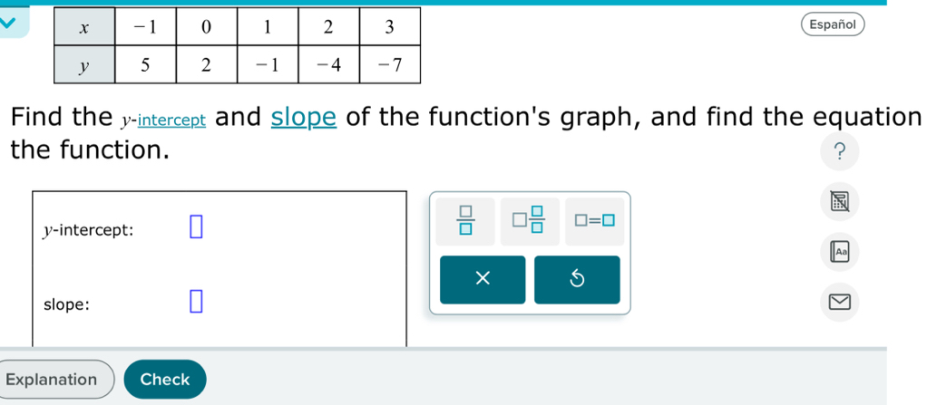 Español 
Find the y-intercept and slope of the function's graph, and find the equation 
the function. ? 
y-intercept:
 □ /□   □  □ /□   □ =□
× 
slope: 
Explanation Check