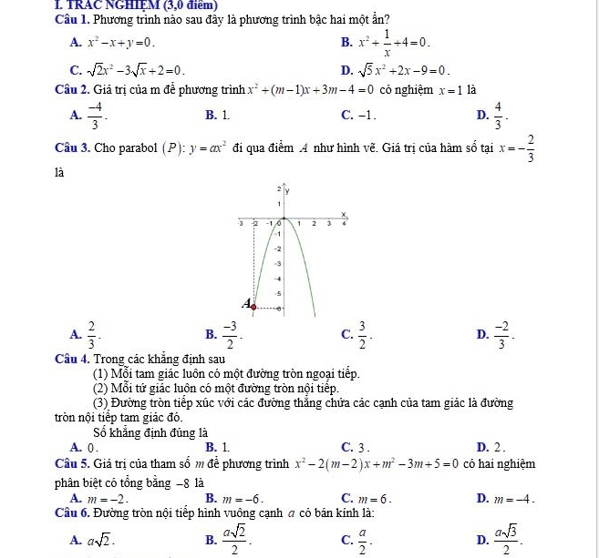 TRAC NGHIEM (3,0 điểm)
Câu 1. Phương trình nào sau đầy là phương trình bậc hai một ẩn?
A. x^2-x+y=0. B. x^2+ 1/x +4=0.
C. sqrt(2)x^2-3sqrt(x)+2=0. D. sqrt(5)x^2+2x-9=0.
Câu 2. Giá trị của m để phương trình x^2+(m-1)x+3m-4=0 có nghiệm x=1 là
A.  (-4)/3 . B. 1. C. −1. D.  4/3 .
Câu 3. Cho parabol (P):y=ax^2 đi qua điểm 4 như hình vẽ. Giá trị của hàm số tại x=- 2/3 
là
A.  2/3 .  (-3)/2 .  3/2 .  (-2)/3 .
B.
C.
D.
Câu 4. Trong các khẳng định sau
(1) Mỗi tam giác luôn có một đường tròn ngoại tiếp.
(2) Mỗi tứ giác luôn có một đường tròn nội tiếp.
(3) Đường tròn tiếp xúc với các đường thẳng chứa các cạnh của tam giác là đường
tròn nội tiếp tam giác đó.
Số khẳng định đúng là
A. 0 . B. 1. C. 3 . D. 2 .
Câu 5. Giá trị của tham số m' để phương trình x^2-2(m-2)x+m^2-3m+5=0 có hai nghiệm
phân biệt có tổng bằng −8 là
A. m=-2. B. m=-6. C. m=6. D. m=-4.
Câu 6. Đường tròn nội tiếp hình vuông cạnh a có bán kính là:
A. asqrt(2). B.  asqrt(2)/2 . C.  a/2 · D.  asqrt(3)/2 .