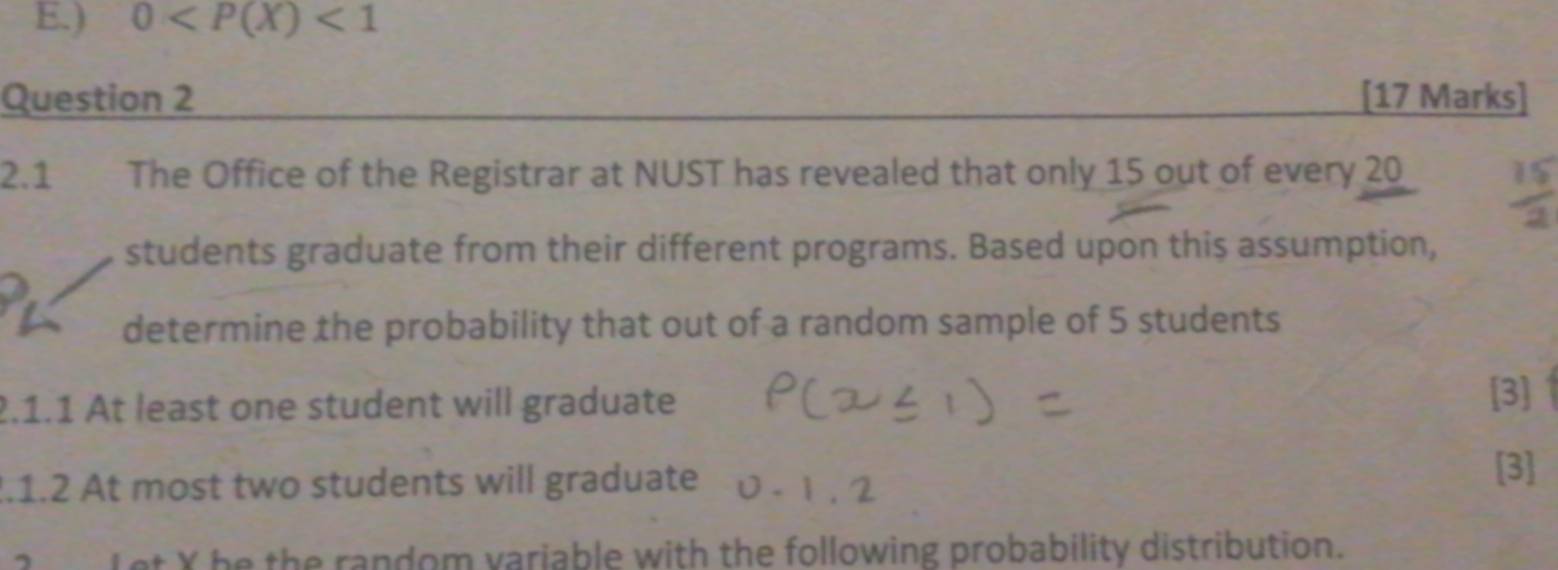 ) 0 <1</tex> 
Question 2 [17 Marks] 
2.1 The Office of the Registrar at NUST has revealed that only 15 out of every 20
students graduate from their different programs. Based upon this assumption, 
determine the probability that out of a random sample of 5 students 
2.1.1 At least one student will graduate 
[3] a 
.1.2 At most two students will graduate 
[3] 
a Let X be the random variable with the following probability distribution.