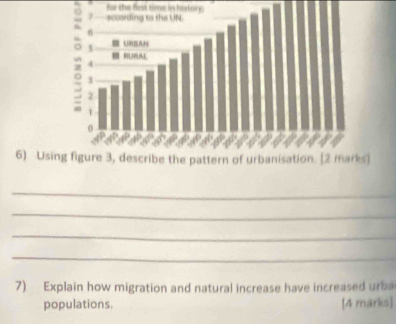 For the fist time in history. 
6) Us 
_ 
_ 
_ 
_ 
7) Explain how migration and natural increase have increased urba 
populations. [4 marks]