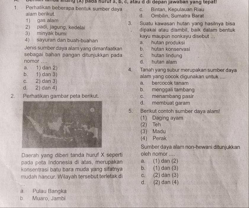 nda slang (X) pada huruf a, b, c, atau d di depan jawaban yang tepat!
1. Perhatikan beberapa bentuk sumber daya c. Bintan, Kepulauan Riau
alam berikut. d. Ombilin, Sumatra Barat
1) gas alam 3. Suatu kawasan hutan yang hasilnya bisa
2) padi, jagung, kedelai dipakai atau diambil, baik dalam bentuk
3) minyak bumi kayu maupun nonkayu disebut ...
4) sayuran dan buah-buahan a. hutan produksi
Jenis sumber daya alam yang dimanfaatkan b. hutan konservasi
sebagai bahan pangan ditunjukkan pada c. hutan lindung
nomor .... d. hutan alam
a. 1) dan 2) 4. Tanah yang subur merupakan sumber daya
b. 1) dan 3) alam yang cocok digunakan untuk ....
c. 2) dan 3) a. bercocok tanam
d. 2) dan 4) b. menggali tambang
2. Perhatikan gambar peta berikut. c. menambang pasir
d. membuat garam
5. Berikut contoh sumber daya alam!
(1) Daging ayam
(2) Teh
(3) Madu
(4) Perak
Sumber daya alam non-hewani ditunjukkan
Daerah yang diberi tanda huruf X seperti oleh nomor ....
pada peta Indonesia di atas, merupakan a. (1) dan (2)
konsentrasi batu bara muda yang sifatnya b. (1) dan (3)
mudah hancur. Wilayah tersebut terletak di c. (2) dàn (3)
d. (2) dan (4)
a. Pulau Bangka
b. Muaro, Jambi