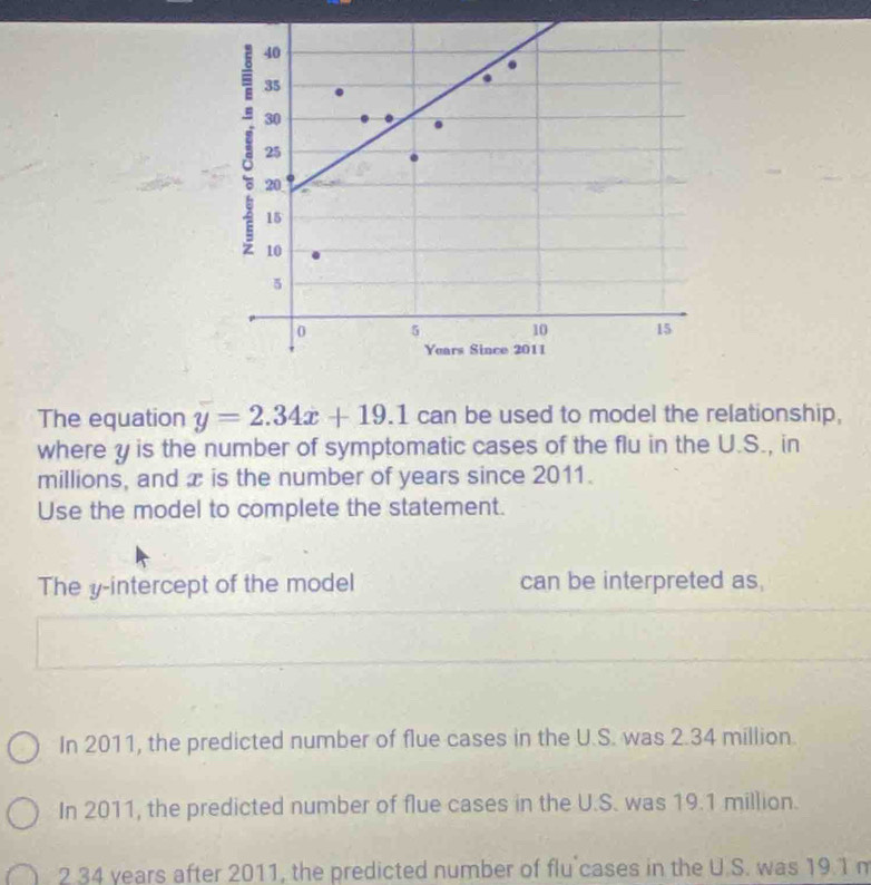 The equation y=2.34x+19.1 can be used to model the relationship,
where y is the number of symptomatic cases of the flu in the U.S., in
millions, and x is the number of years since 2011.
Use the model to complete the statement.
The y-intercept of the model can be interpreted as,
In 2011, the predicted number of flue cases in the U.S. was 2.34 million.
In 2011, the predicted number of flue cases in the U.S. was 19.1 million.
2.34 years after 2011, the predicted number of flu cases in the U.S. was 19.1 m