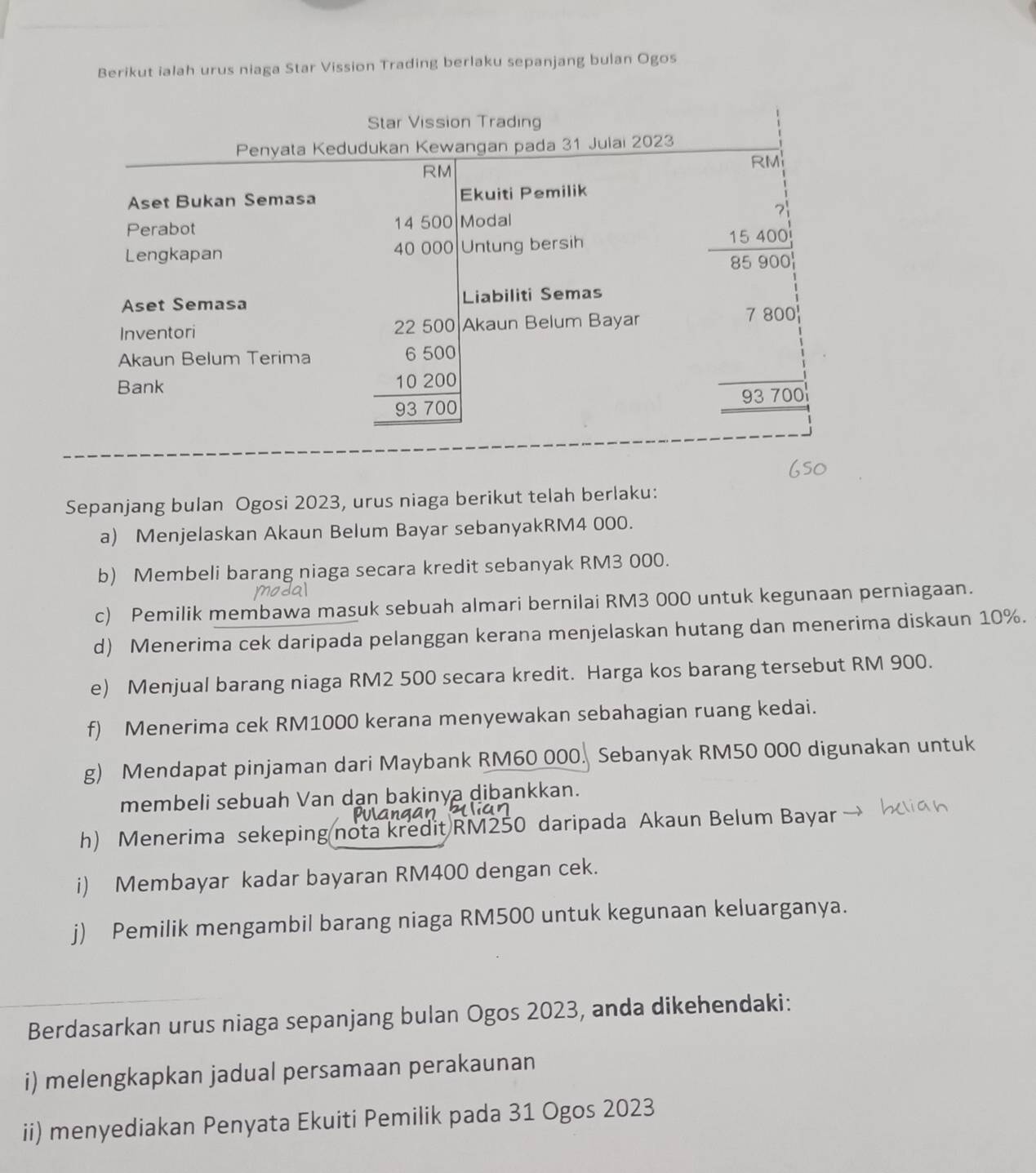 Berikut ialah urus niaga Star Vission Trading berlaku sepanjang bulan Ogos 
Sepanjang bulan Ogosi 2023, urus niaga berikut telah berlaku: 
a) Menjelaskan Akaun Belum Bayar sebanyakRM4 000. 
b) Membeli barang niaga secara kredit sebanyak RM3 000. 
c) Pemilik membawa masuk sebuah almari bernilai RM3 000 untuk kegunaan perniagaan. 
d) Menerima cek daripada pelanggan kerana menjelaskan hutang dan menerima diskaun 10%. 
e) Menjual barang niaga RM2 500 secara kredit. Harga kos barang tersebut RM 900. 
f) Menerima cek RM1000 kerana menyewakan sebahagian ruang kedai. 
g) Mendapat pinjaman dari Maybank RM60 000. Sebanyak RM50 000 digunakan untuk 
membeli sebuah Van dạn bakinya dibankkan. 
h) Menerima sekeping nota kredit RM250 daripada Akaun Belum Bayar 
i) Membayar kadar bayaran RM400 dengan cek. 
j) Pemilik mengambil barang niaga RM500 untuk kegunaan keluarganya. 
Berdasarkan urus niaga sepanjang bulan Ogos 2023, anda dikehendaki: 
i) melengkapkan jadual persamaan perakaunan 
ii) menyediakan Penyata Ekuiti Pemilik pada 31 Ogos 2023